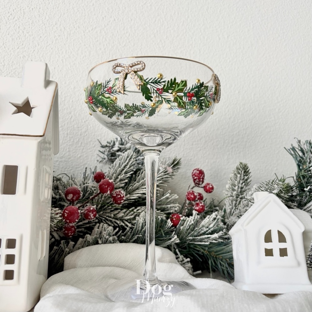 1 Gold Rimmed Rhinestone Wreath Martini Wine Glass with Bow